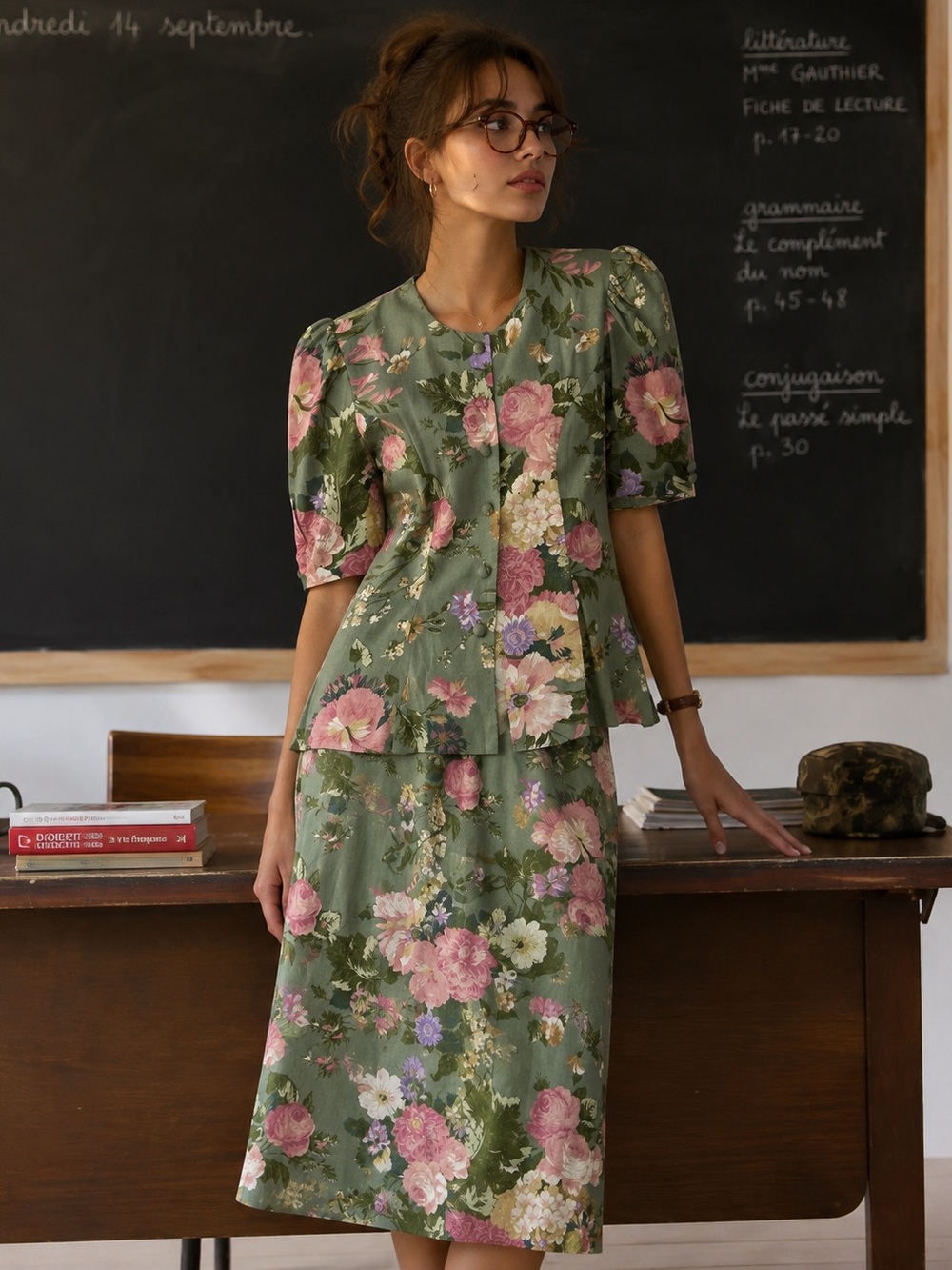 Vintage Karin Stevens Floral Puff Sleeve Sage/Rose Blouse and‎ Skirt SET